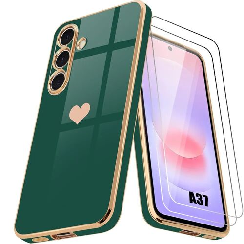 Coque + 2 Verres Trempés pour Samsung Galaxy A37 5G, Silicone Slim Antichoc Motif Coeur - Vert Nuit - E.F.Connection