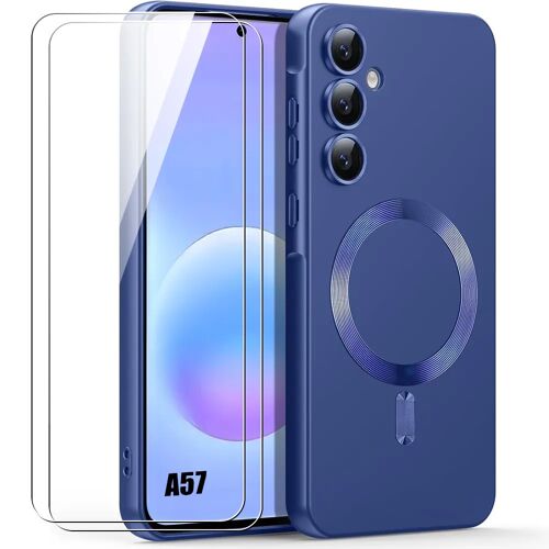 Coque + 2 Verres Trempés pour Samsung Galaxy A57 5G, Silicone avec Anneau Magnétique Bleu Marine - E.F.Connection