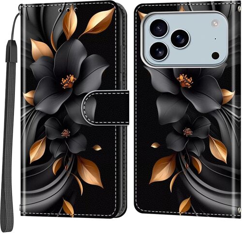 KALANKA-Coque pour iPhone 17 Pro Max, Housse en Cuir PU Etui à Rabat Pochette de Antichoc Portefeuille avec Fentes pour Cartes Feuilles et Fleurs