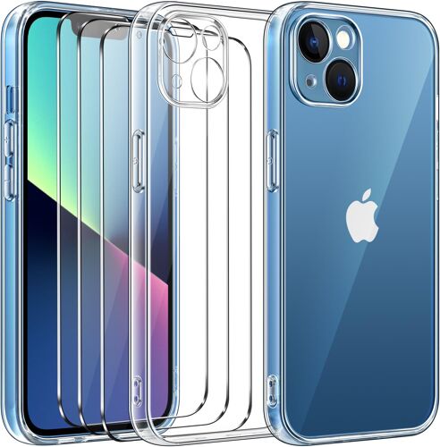 JGD-Clair Coque pour iPhone 13, et 3 pièces Verre Trempé, Protège la Lentille Ultra Transparent Étui de Protection en Silicone Antichoc Mince Souple TPU Bumper Housse