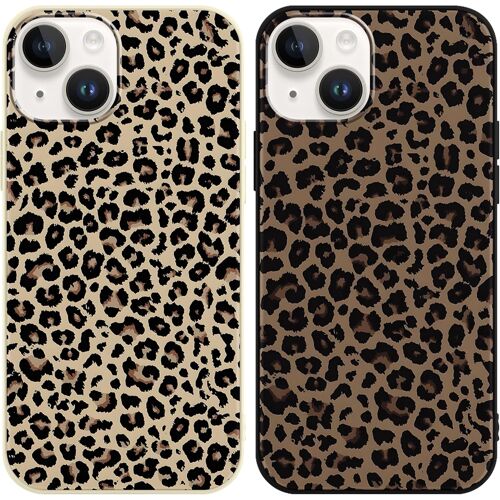 KALANKA-2 Pièces Coque pour iPhone 14/iPhone 13, Étui de Protection avec Aesthetic Design Léopard Motif, TPU Silicone Antichoc Femme Fille Housse Etui Bumper Cover pour iPhone 13 6,1'' - Marron