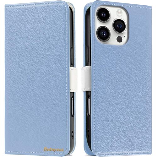 KALANKA-Coque pour iPhone 16 Pro Rabat,Housse iPhone 16 Pro Clapet,Portefeuille Etui avec Fonction Support et Porte-Carte,Litchi Texturé Cuir/Antichoc Flip Cover Case.Bleu Clair