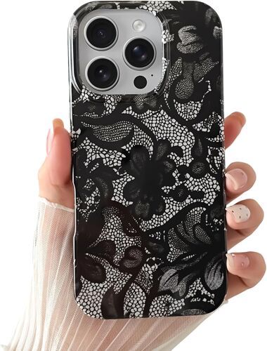 Coque Iphone 15 Pro Max¿Motif Vintage En Dentelle Noire Souple Et Fine En Tpu Résistant Aux Chocs Pour Femmes Et Filles-Noir