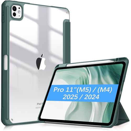 LORANKA-Coque pour iPad Pro 11 Pouces M5/M4 (2025/2024) - [Rangement de Stylet] Coque Arrière Transparente Claire Étui Pliable, Housse Antichoc avec Bord en TPU, Vert Nuit