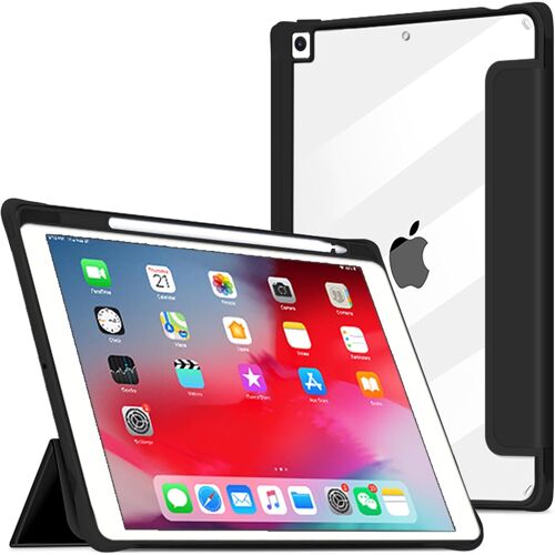 KALANKA-Coque pour iPad 10,2 Pouces 2021/2020/2019 (9¿¿me/ 8¿¿ / 7e G¿¿n¿¿ration) avec Porte-Stylo, iPad Air 3e 2019 10,5 / Pro 10,5 2017 ¿¿tui Housse Cover Arri¿¿re Transparente de Protection, Noir