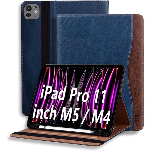 LORANKA-Coque pour iPad Pro 11 Pouces M4 (2024) Tablette Housse de Protection Étui Pencil Holder Support Multi Angles avec Auto Schlaf/Aufwach en Cuir PU Bleu