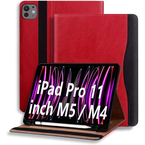 LORANKA-Coque pour iPad Pro 11 Pouces M4 (2024) Tablette Housse de Protection Étui Pencil Holder Support Multi Angles avec Auto Schlaf/Aufwach en Cuir PU Rouge