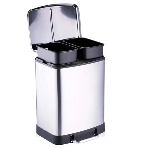 Dirt Devil Poubelle Pedale 2 x 12L Tri Selectif Doux Acier Inoxydable Facile Vider 37 x 34.4 x 50.3 CM Argent