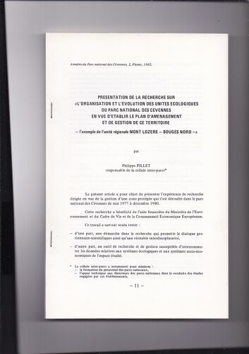 Présentation De La Recherche Sur "L'Organisation Et L'Évolution Des Unités Écologiques Du Parc National Des Cévennes En Vue D'Établir Le Plan D'Aménagement Et De Gestion De Ce Territoire