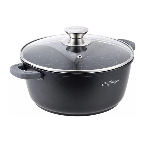 Cheffinger Marmite Induction Ø 28 Cm 6,3 L En Fonte D Aluminium Revêtement Marbre Antiadhésif Avec Couvercle Verre Noir