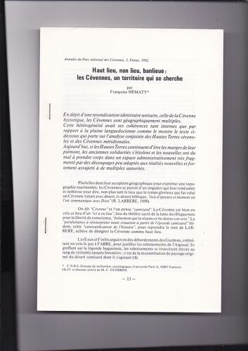 Haut Lieu, Non Lieu, Banlieue : Les Cévennes, Un Territoire Qui Se Cherche