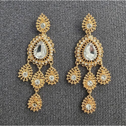 Boucles D¿Oreilles Dorées Style Oriental ¿ Modèle Chandelier, Pierres Claires Étincelantes