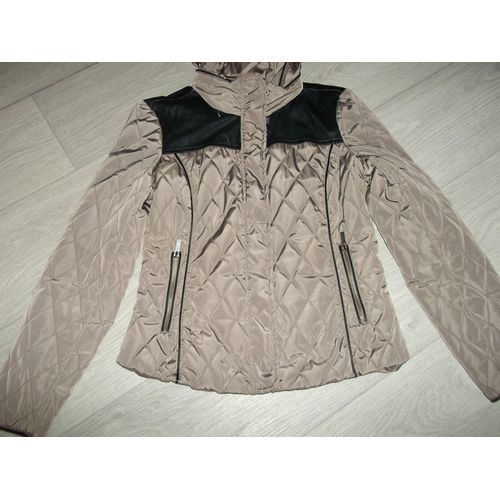 Blouson Cache Cache Marron Et Simili Cuir Noir, Capuche Taille S Tbe