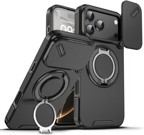 LORANKA-Coque pour iPhone 17 Pro Max,avec Support Annulaire à 360°Charge Magnétique L¿Objectif est Entièrement Protégé Antichoc Anti-Poussière Etui Housse Cover -Noir