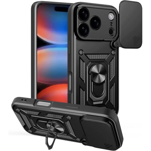 LORANKA-Coque pour iPhone 17 Pro avec Cache Webcam & Support Annulaire à 360 Degrés, Anti-Chute Étui Housse Compatible avec Support De Voiture Magnétique, Noir