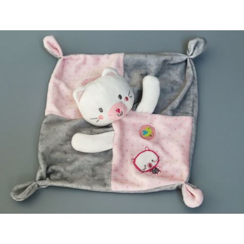 Doudou chat plat Mots d'Enfants rose gris blanc oiseau