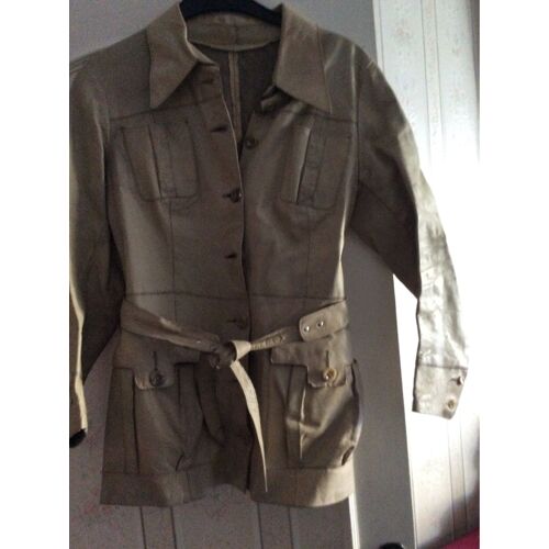 Veste Saharienne Vintage En Cuir Beige