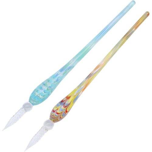 Lot De 2 Stylos Plume Vintage Faits Main En Verre Multicolore A