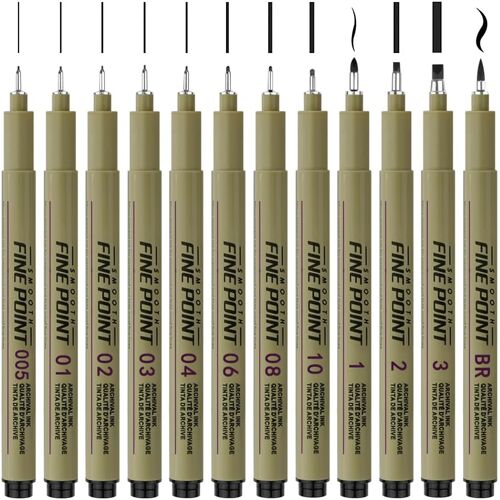 Micron Lot De 12 Stylos À Pointe Fine Pour Dessin, Lettrage À La Main, Noir, Précision Avec 12 Largeurs De Lignes Différentes Pour Artistes, Illustration, Croquis, Manga