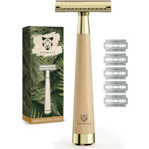 Rasoir De Sécurité Gold Edition En Bois D'érable Avec 5 Lames Astra Rasoir Zero Waste Pour Femme