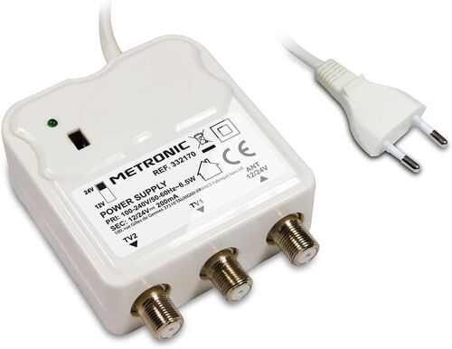 Amplificateur d'Intérieur avec Réglage de Gain, 2 Sorties TV 9,52 mm - Alimentation 12/24V pour ampli TV - Alimentation Secteur - Blanc