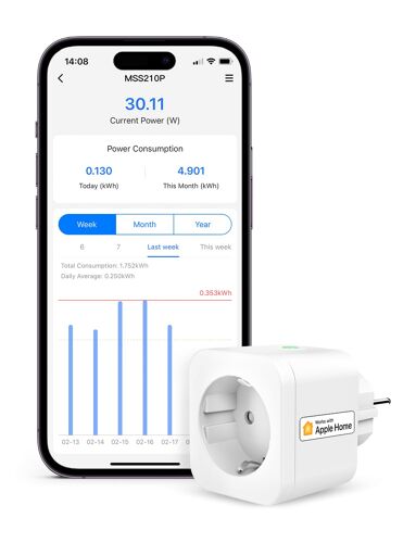Prise Connectée (Type F), 16A Prise WiFi avec HomeKit, Prise Programmable avec Mesure de Consommation d'Énergie, Prise Intelligente Compatible avec Commande Vocale, Contrôle à Distance