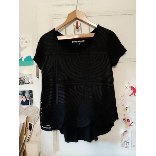 Top Noir Asymétrique Motifs Gris 38 M Desigual.