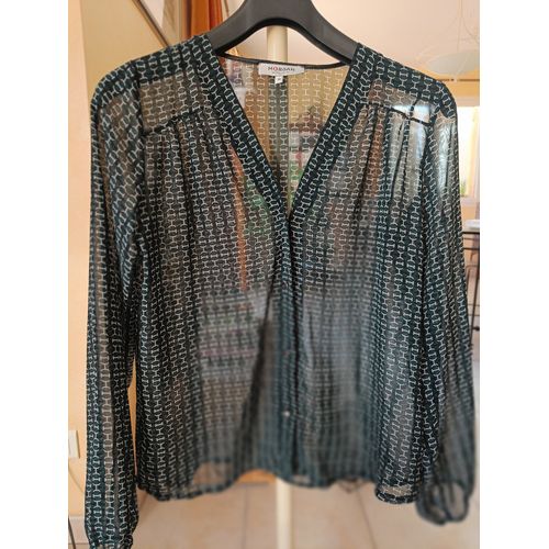 Chemisier Morgan Vert Sapin, Motif Blanc. Transparent, Col V