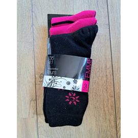 Lot De 3 Paires De Chaussettes Chaudes Pour Fille / Femme 35 - 36 - 37 - 38 Noir Et Rose Fleuri Fleurs 73% Coton 25% Polyesther 2% Elasthanne Chaussettes Mi-Mollet. Valeur Étiquette 5,95€.