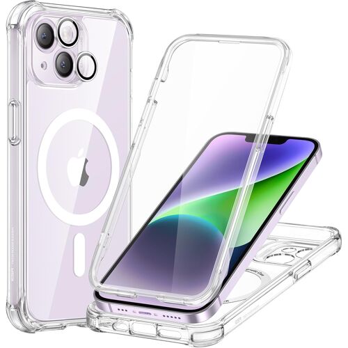KALANKA-Coque Magnétique pour iPhone 14, Qualité Militaire Résistante aux Chutes, Protecteur D'écran en Verre Trempé Intégré, Compatible avec Les Accessoires MagSafe, Série Armor, Transparent