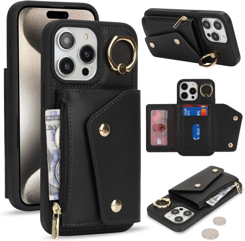 LORANKA-Coque pour iPhone 15 Pro Max avec Portefeuille Porte-Cartes de crédit et Fermeture éclair - Housse Portefeuille Pratique avec Fentes pour Cartes de crédit - Noir