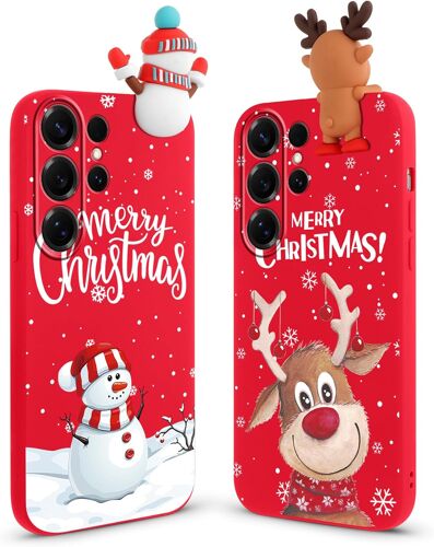 LORANKA-Noël Coque pour Samsung Galaxy S25 Ultra 5G [2 Pièce],Rouge Protection Housse Souple Silicone TPU avec Motif 3D Dessin Mignon Animé Cerf Poupée,Cadeau Noël Femme,Christmas Antichoc Etui,Wapit