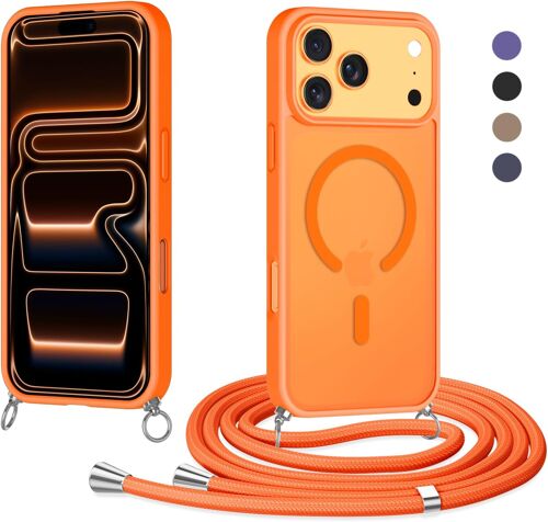 KALANKA-Magnétique Coque pour iPhone 17 Pro Max avec Cordon, Compatible avec MagSafe, Etui Translucide Mat Arrière Antichoc Housse Anti-Rayures, Réglable Collier Lanière Portable Lanyard Case, Orange
