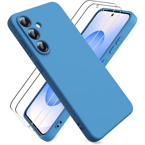 KALANKA-Coque pour Samsung Galaxy S25 FE 5G, avec 2 Pièces Protecteur D'écran en Verre Trempé, Souple Étuis en Caoutchouc Housse Antichoc Protection Bumper Coque Samsung S25 FE - Bleu