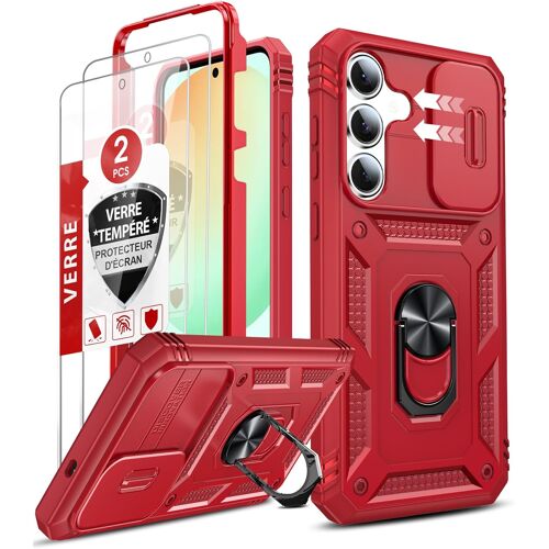 KALANKA-Coque pour Samsung Galaxy S25 FE / S25FE avec 2*Verre Trempé+Anneau Support, Full Protection de la Caméra en PC Dur Anti-Chut Renforcée Armor Heavy Duty Antichoc Bumper Housse Etui, Rouge