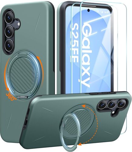KALANKA-Coque de protection pour Samsung Galaxy S25 FE avec 2 pièces en verre blindé - Chargement sans fil - Anneau rotatif à 360° - Norme militaire - Anti-chocs - Vert