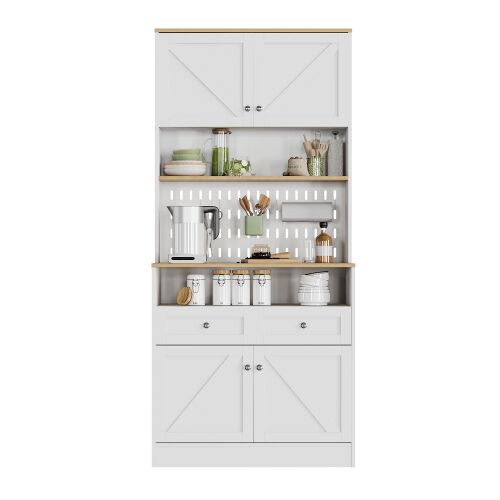Buffet de salle ¿¿ manger en blanc avec 4 portes et 2 tiroirs, poign¿¿es argent¿¿es et grand rangement