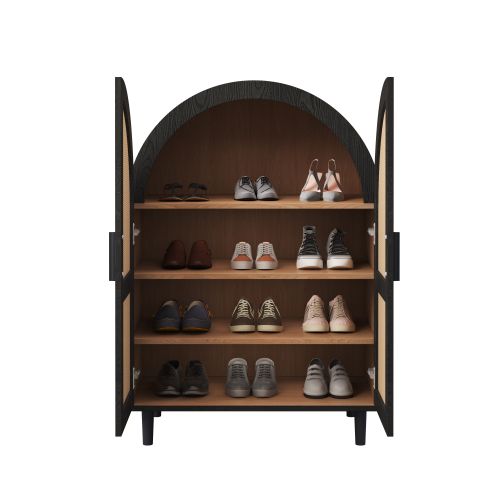 Buffet rangement ¿¿ chaussures avec portes ajour¿¿es en rotin, trois ¿¿tag¿¿res et ext¿¿rieur arrondi