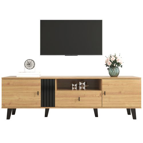Meuble TV bas 170 cm a design bois et noir, tiroirs