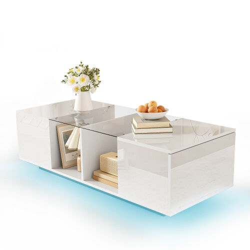 Table basale en blanc avec eclairage LED et plateau laque brillant, 120x50x38,5 cm