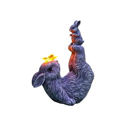Lampe solaire jardin - Figurine lapins LED - Résine grise Art déco - Capteur crépuscule - Étanche UV