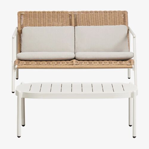 Ensemble De Jardin Avec Canapé 2 Places Et Table Basse En Aluminium Et Rotin Synthétique Duroli Blanc Gardenia