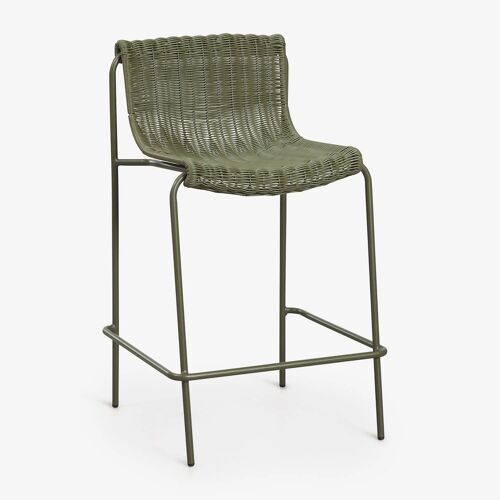 Pack de 4 tabourets hauts en rotin synthétique et acier Revia Vert Olive Intense ¿65 cm
