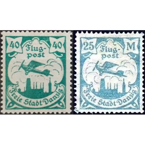 Allemagne, Ville Libre De Danzig 1923, Beaux Timbres Neufs* De Poste Aérienne Yvert 4 Et 11, Petit Avion Survolant La Ville, 40pf. Bleu Vert Et 25mk. Bleu Ciel,