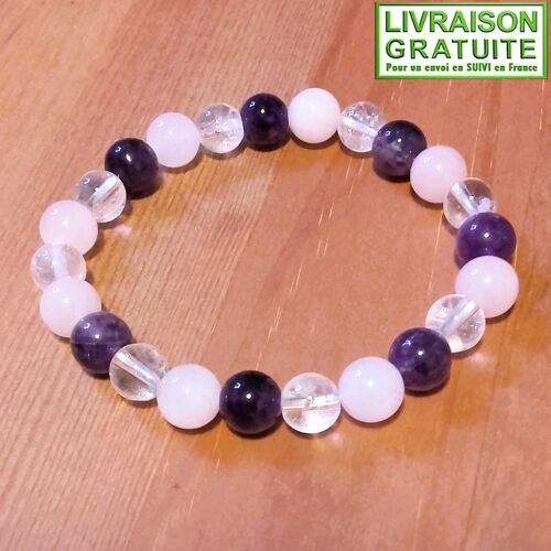 Bracelet Améthyste, Cristal Et Quartz Rose Perles 8 Mm (Réf 2)