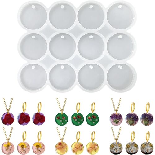 Moule En Silicone Avec 12 Cavités, Porte-Clés Rond En Silicone, Forme De Porte-Clés Rond, Cercle Plat Brillant Avec Trou, Pour Moulage En Résine, Boucles D'oreilles, Porte-Clés Et Étiquettes
