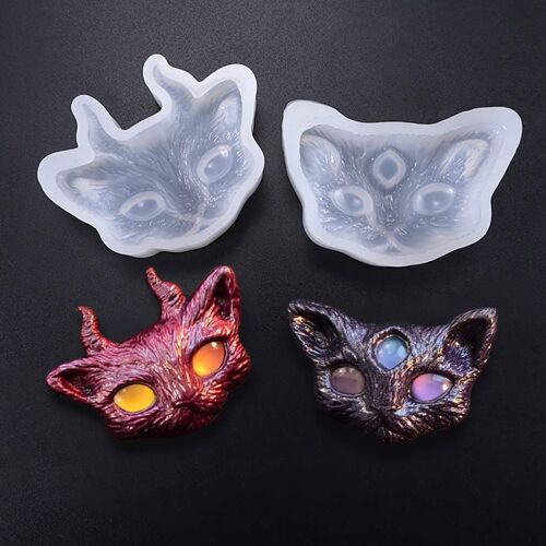 2pcs Résine Moule Chat Tête Cat Head Resin Mold Demon Moulle Silicone Oeil Chat Animal Coulée Moule Pour Fabrication De Bijoux En Epoxy