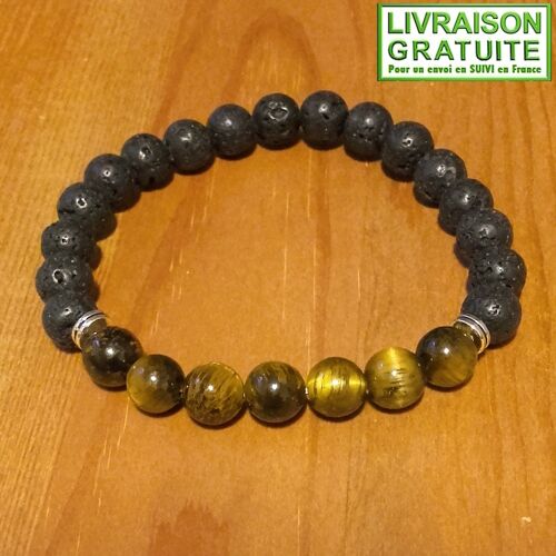 Bracelet Oeil De Tigre Et Pierre De Lave Perles 8 Mm Pour Homme (Réf 2)