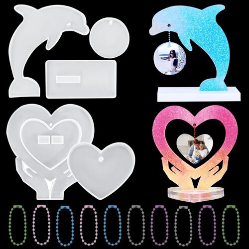 2 Moule Cadre Photo Resine Epoxy Ensemble Moule En Silicone Époxy Coeur Resin Molds Moule De Coulée Dauphin Pour Bricolage Décoration De Mariage Et Fabrication Artisanale