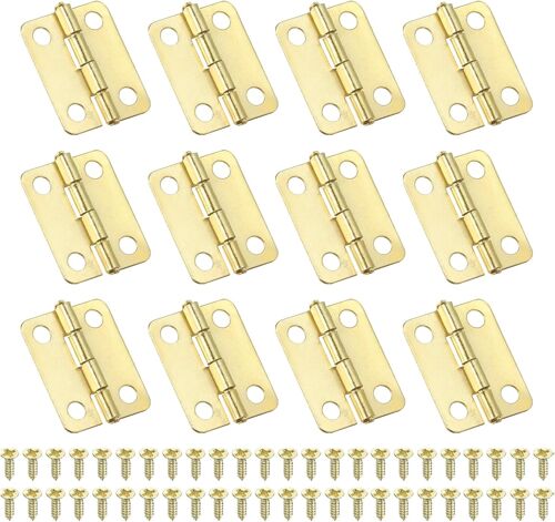 Petites Charnières Bout 16mm, 12 Pcs Mini Charnière avec Vis pour Boîtes à Bijoux en Bois, Portes de Tiroir d'Armoire, Portail, Doré